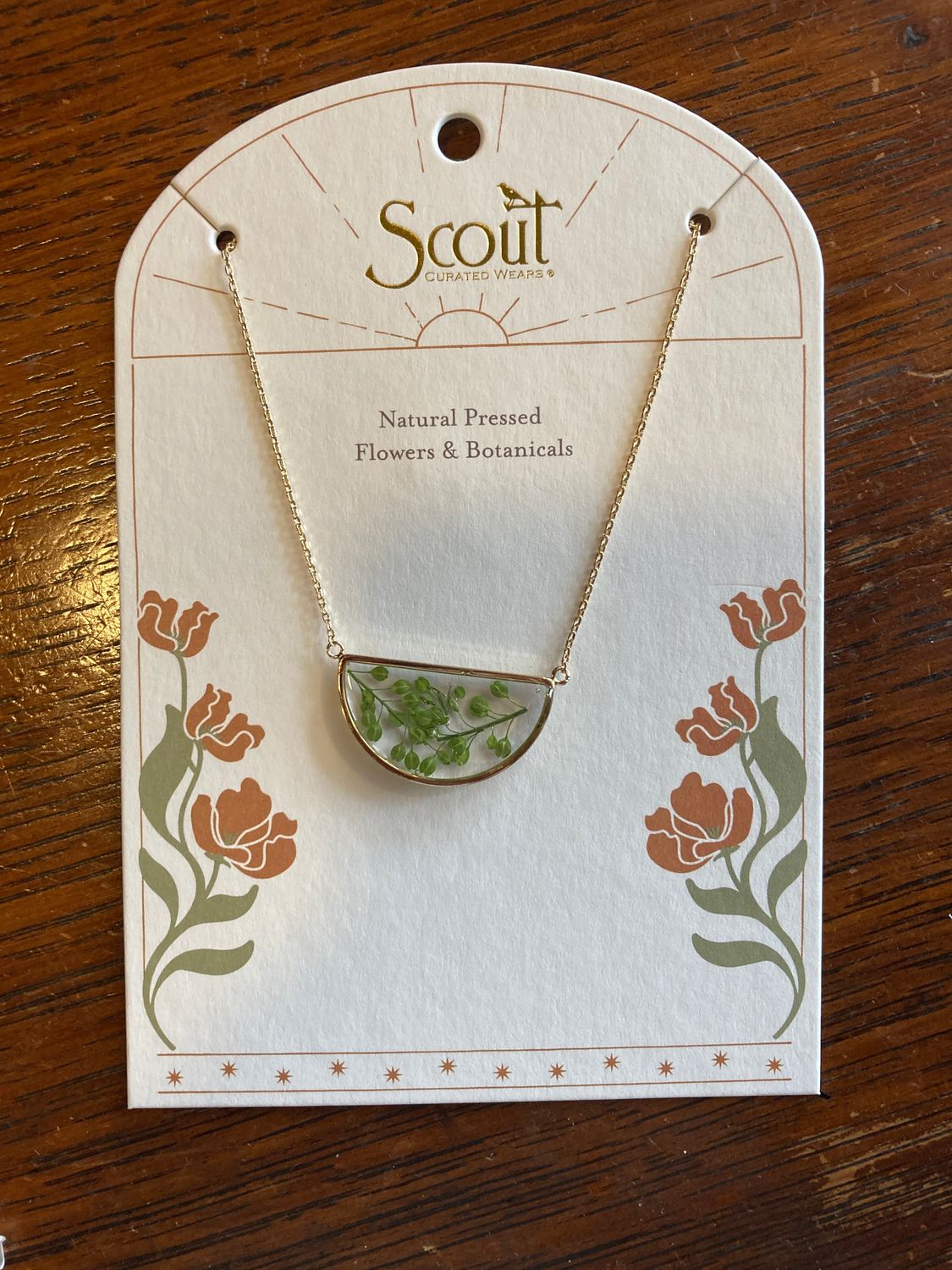 Pressed Flower Necklace Green Peppergrass Gold