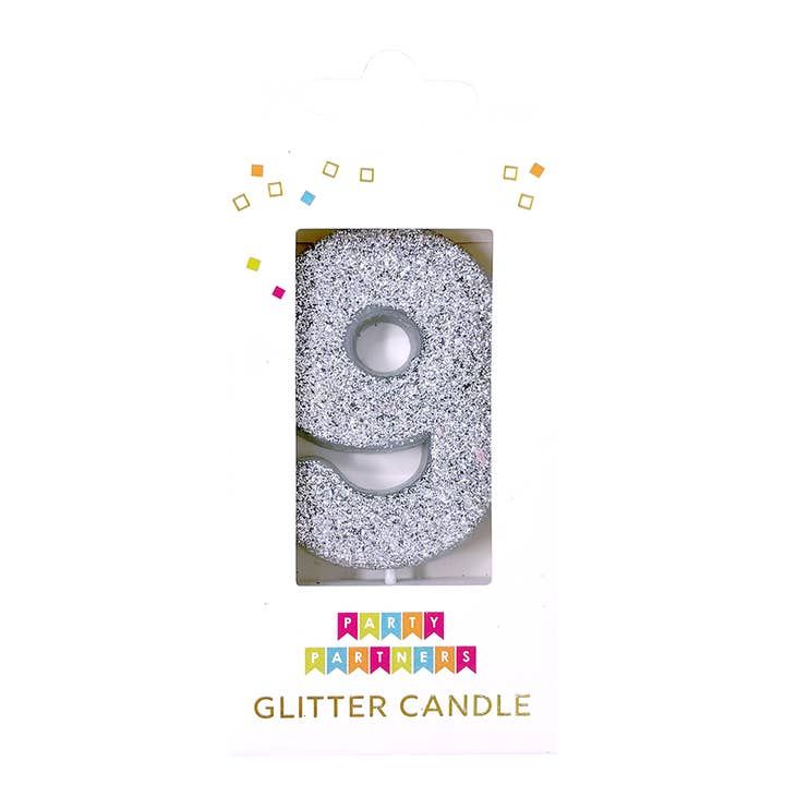 Glitter Number Candle Silver 9