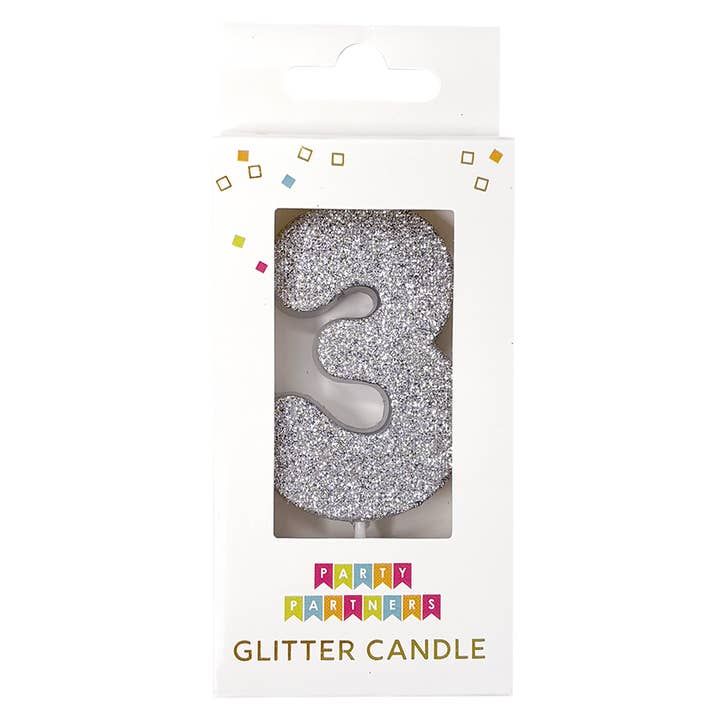 Glitter Number Candle Silver 3