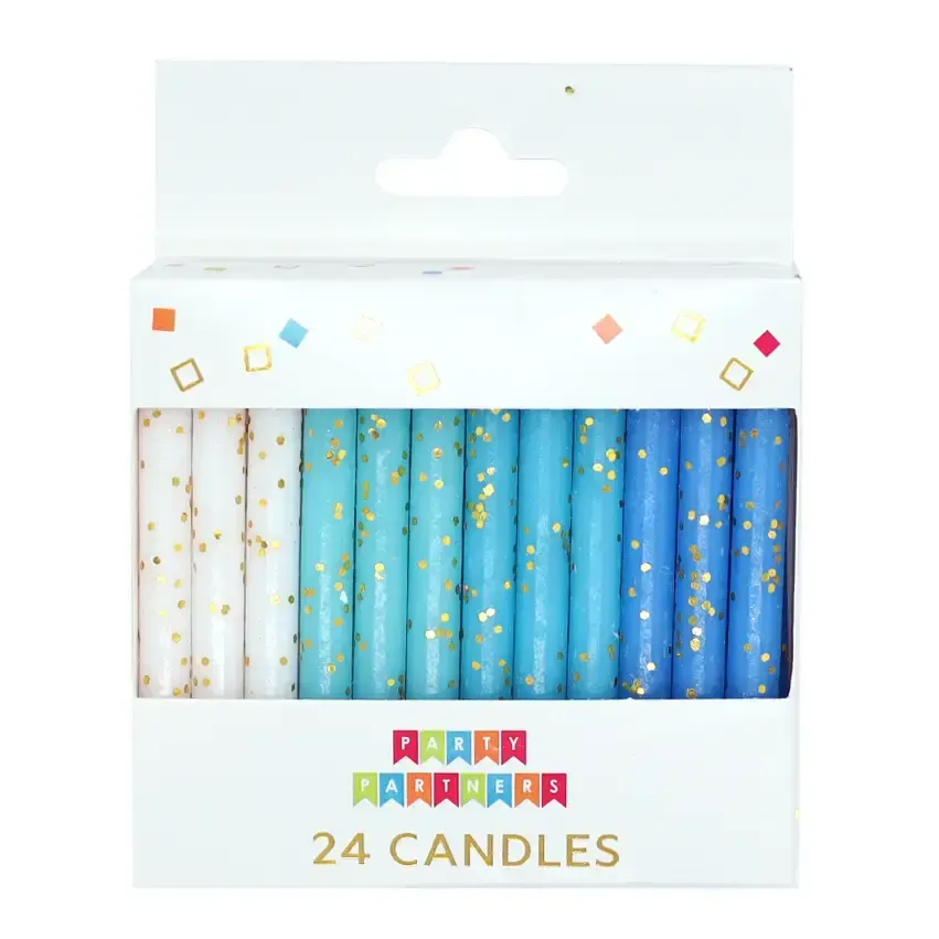 Blue &amp; White Gold Glitter 24 Candles Set