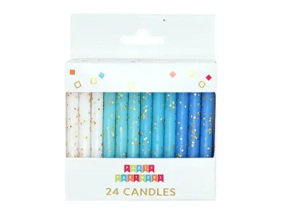 Blue &amp; White Gold Glitter 24 Candles Set