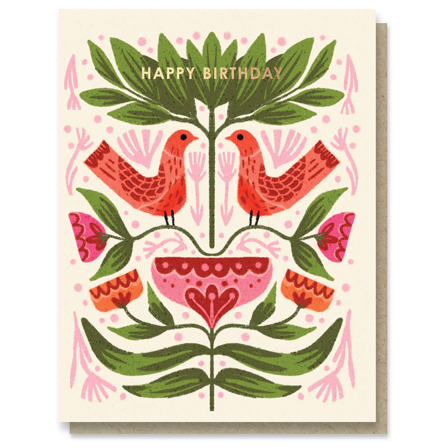 Folk Birthday Birds Birthday Illustrated Gold Foil Card