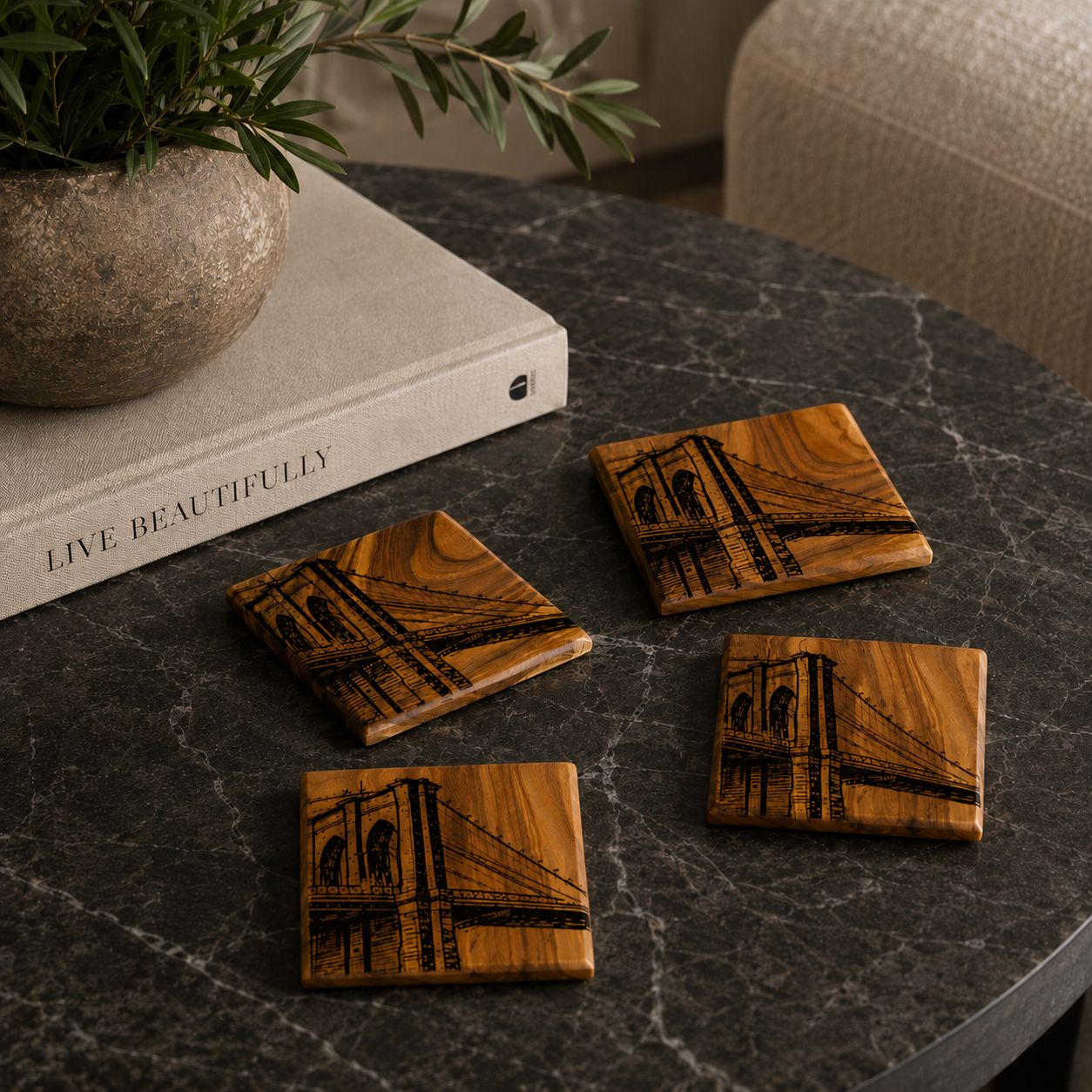 Olive Wood Brooklyn Bridge  Coaster Set - 4