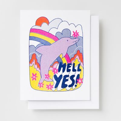 Hell Yes Dolphin Risograph Encouragement Greeting Card