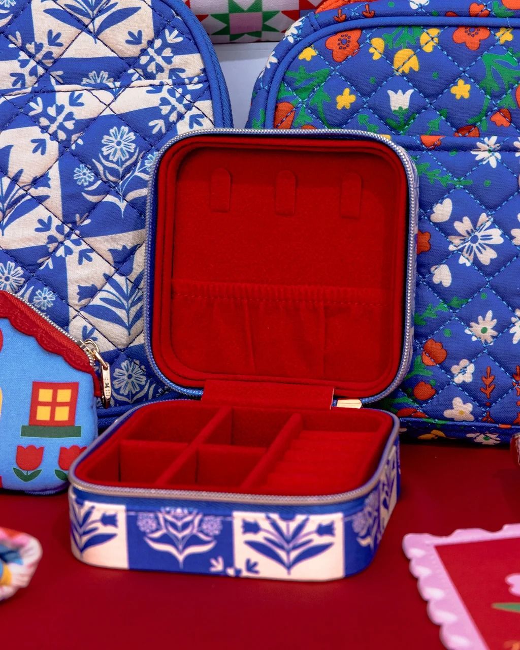 Travel Jewelry Organizer Blue Plaid Floral