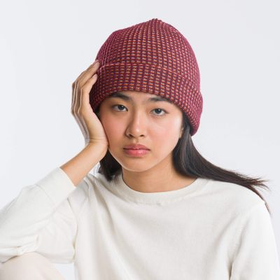 Simple Grid Beanie Wine Red