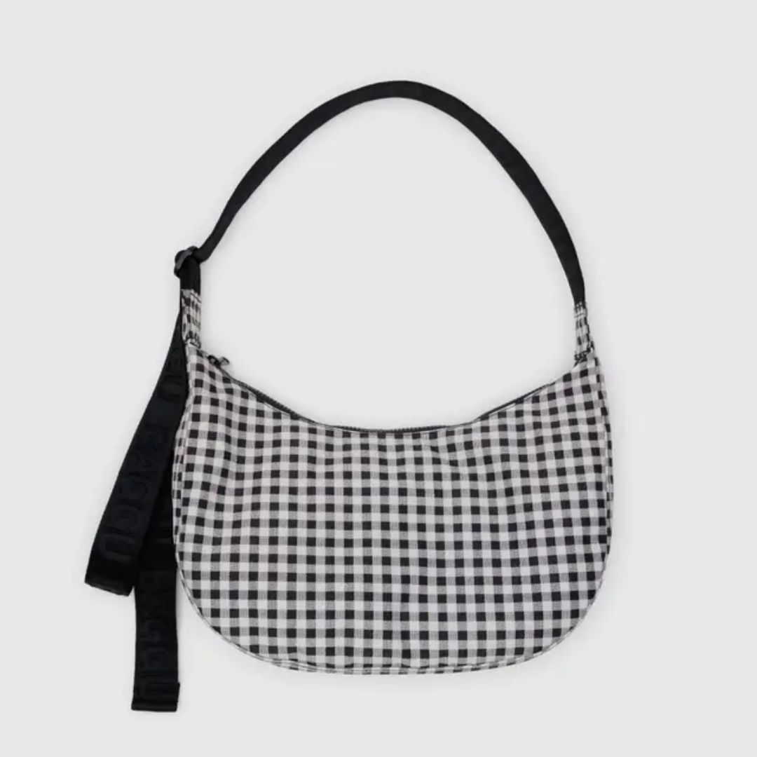 Baggu Medium Nylon Crescent Bag Black &amp; Cream Gingham