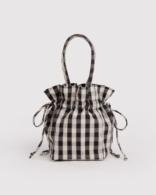 Nylon Drawstring Bag Black &amp; Cream Gingham