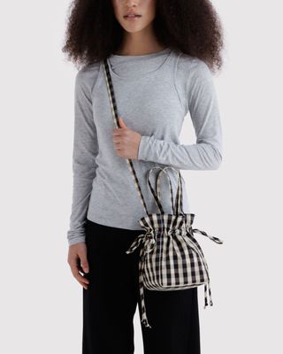 Nylon Drawstring Bag Black &amp; Cream Gingham