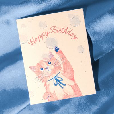 Bubbles Birthday Cat - Risograph Card