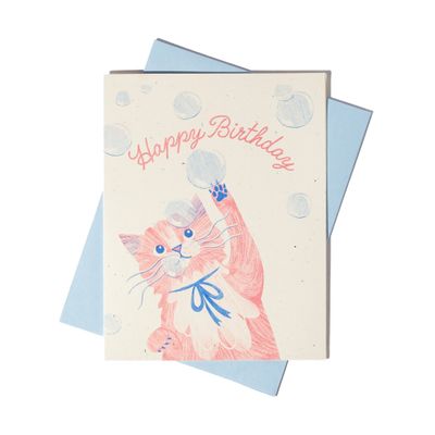 Bubbles Birthday Cat - Risograph Card