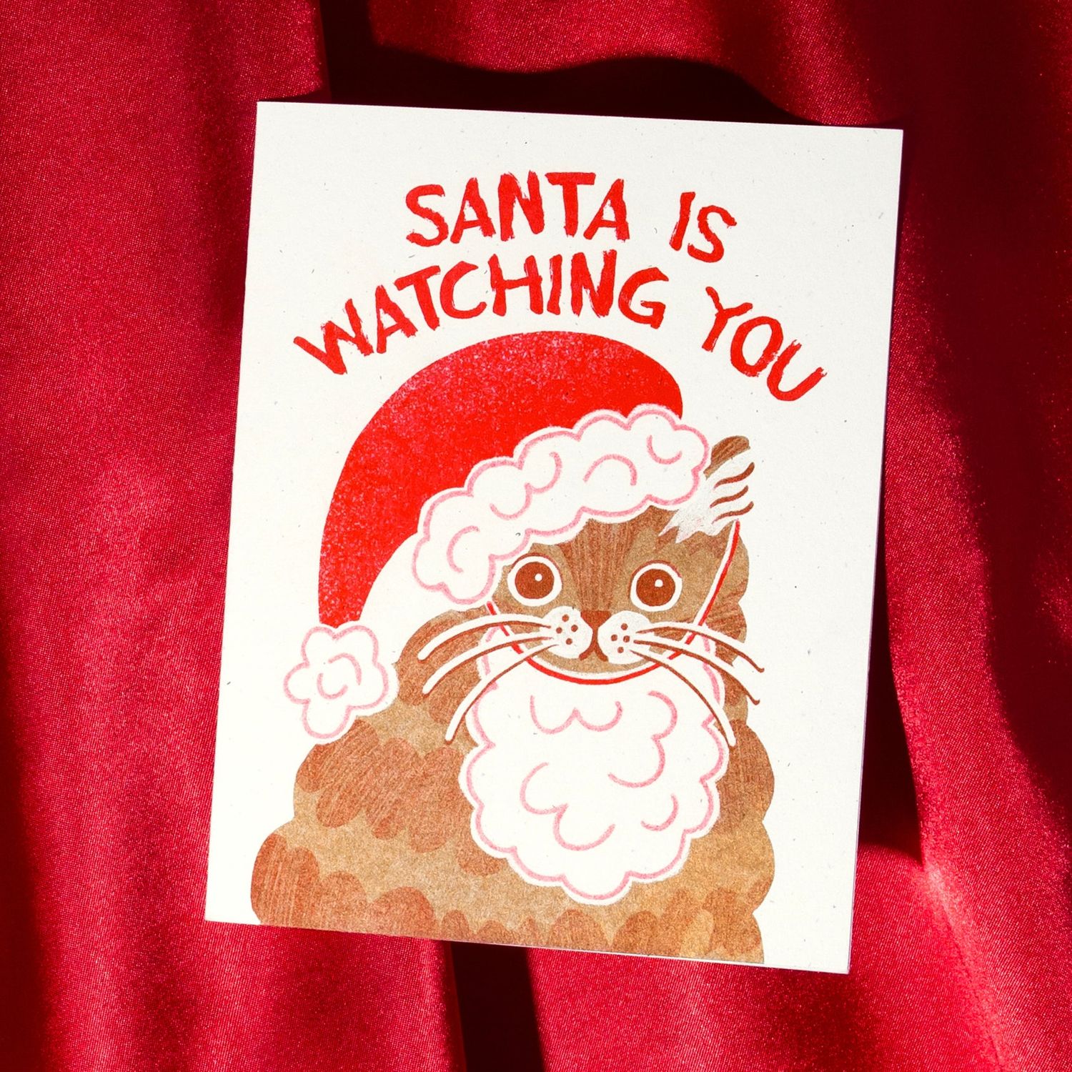 Santa Is Watching You Cat - Risograph Card