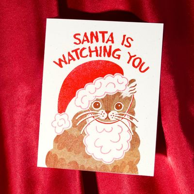 Santa Is Watching You Cat - Risograph Card