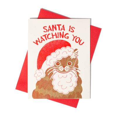 Santa Is Watching You Cat - Risograph Card