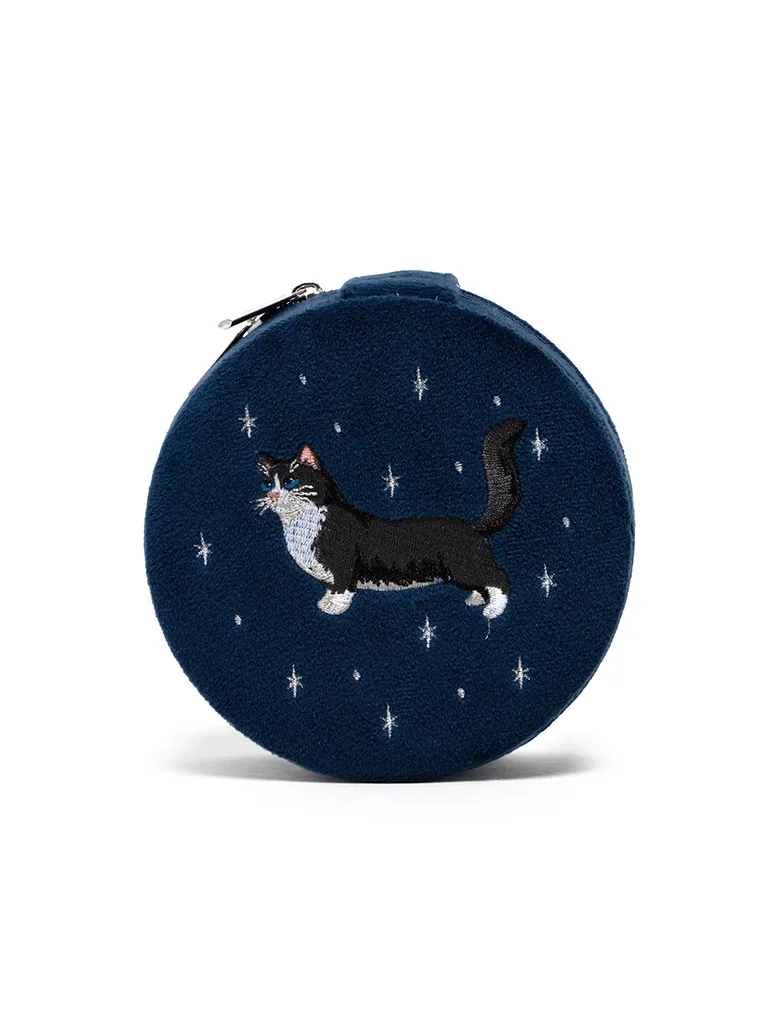 Velvet Jewelry Zip Case Cat Navy Blue