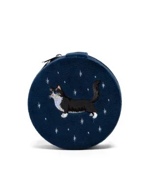 Velvet Jewelry Zip Case Cat Navy Blue