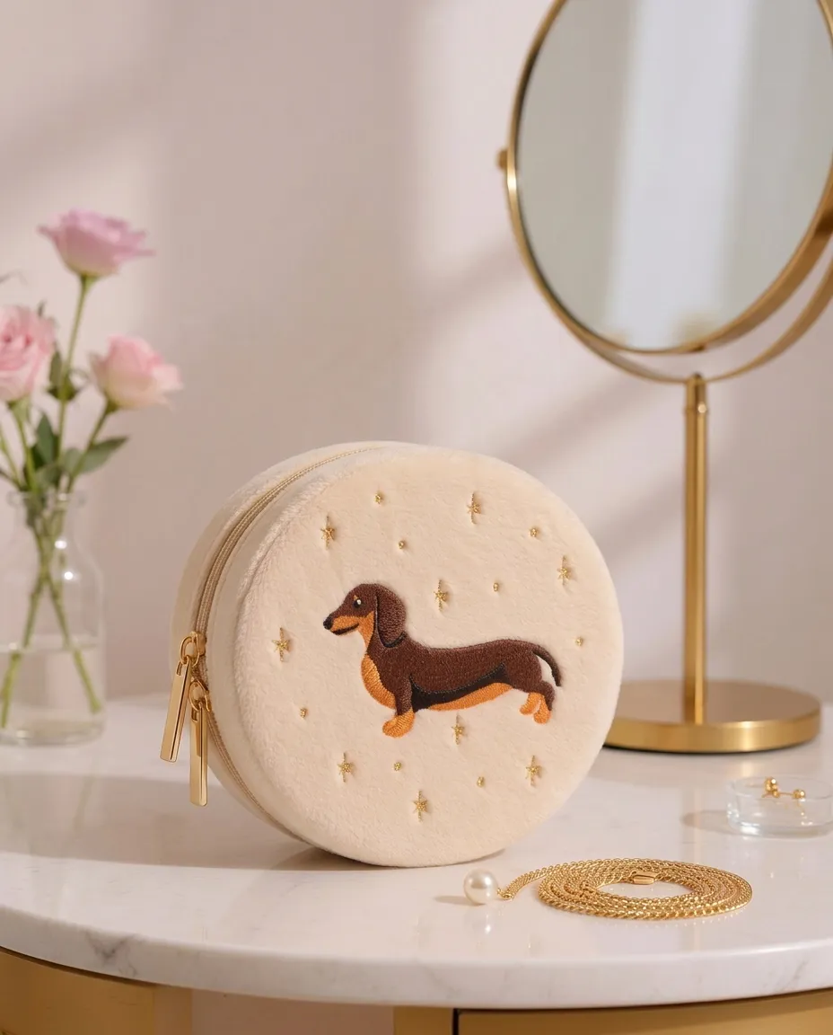 Velvet Jewelry Zip Case Weiner Dog Cream