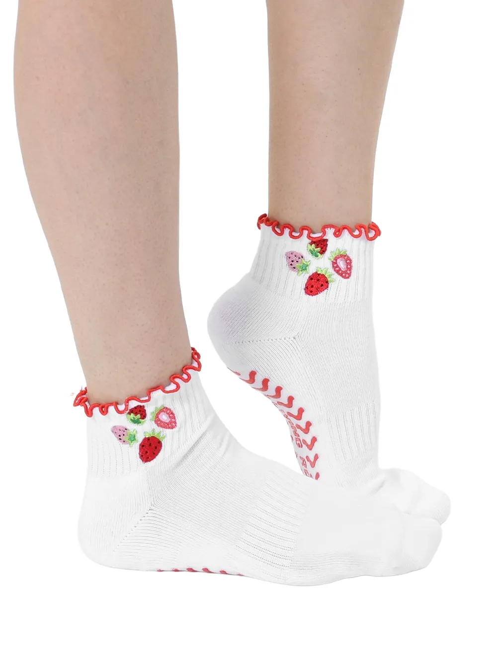 Bottom Grip Ankle Socks w/ Ruffles Strawberry