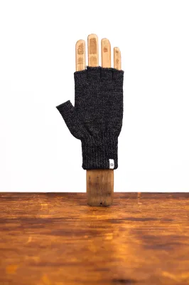 Upcycled Wool Black Melange Fingerless Ragg / Deerskin Gloves