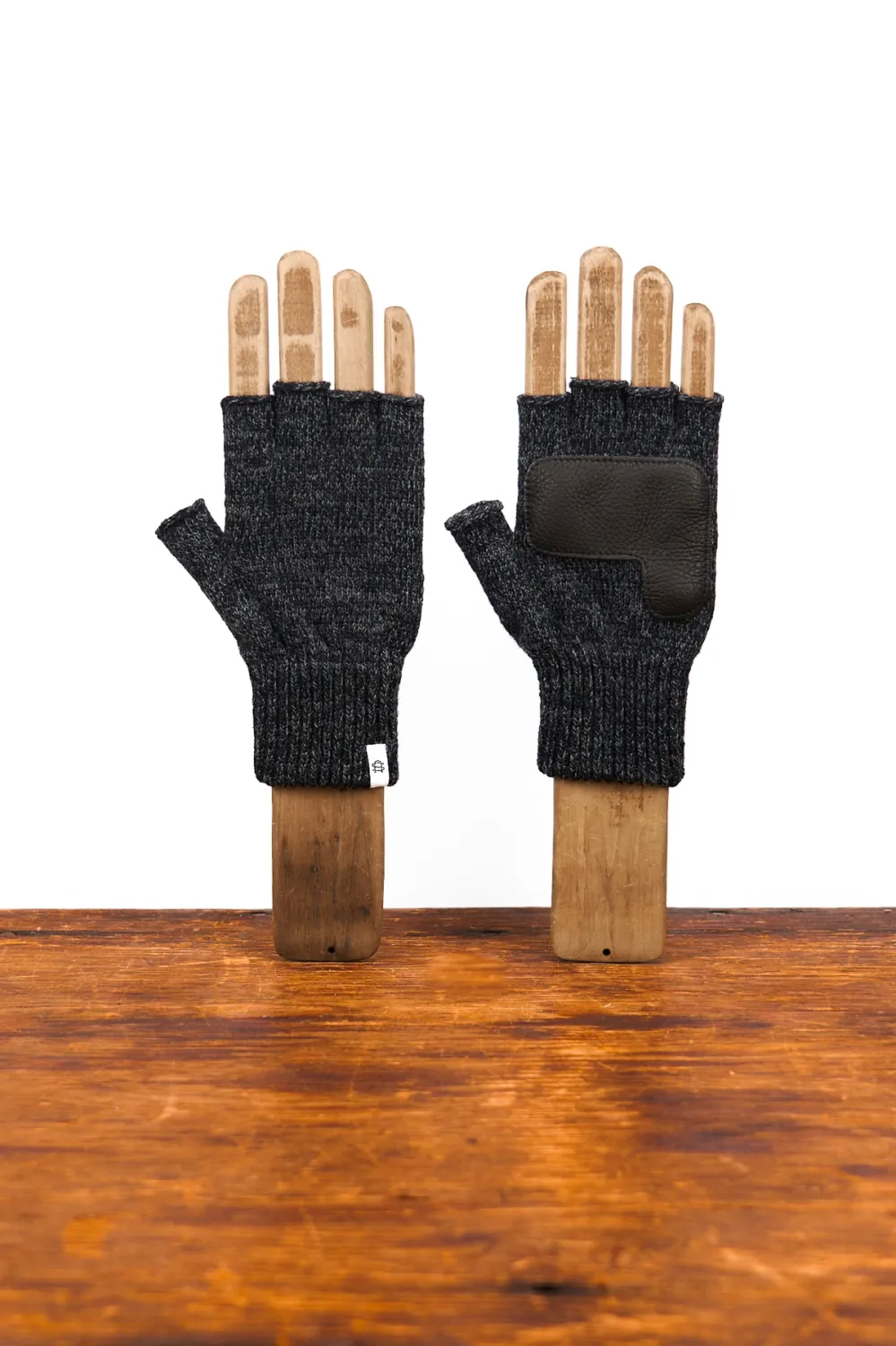 Upcycled Wool Black Melange Fingerless Ragg / Deerskin Gloves