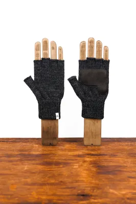 Upcycled Wool Black Melange Fingerless Ragg / Deerskin Gloves
