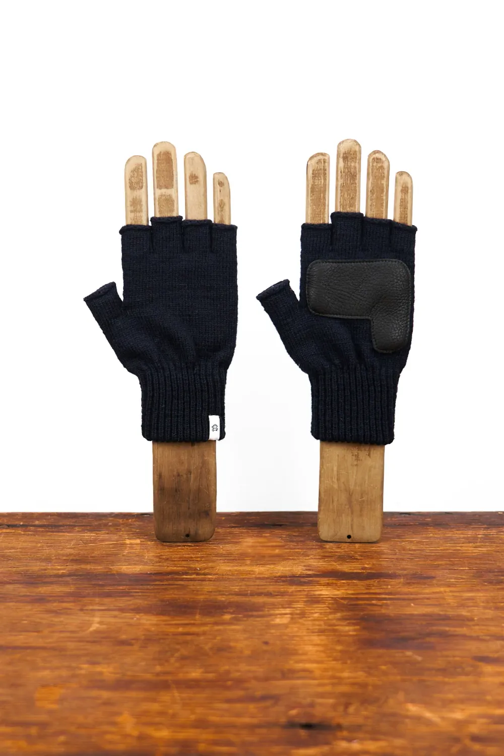 Navy Wool Melange Fingerless Gloves w/Black Deerskin