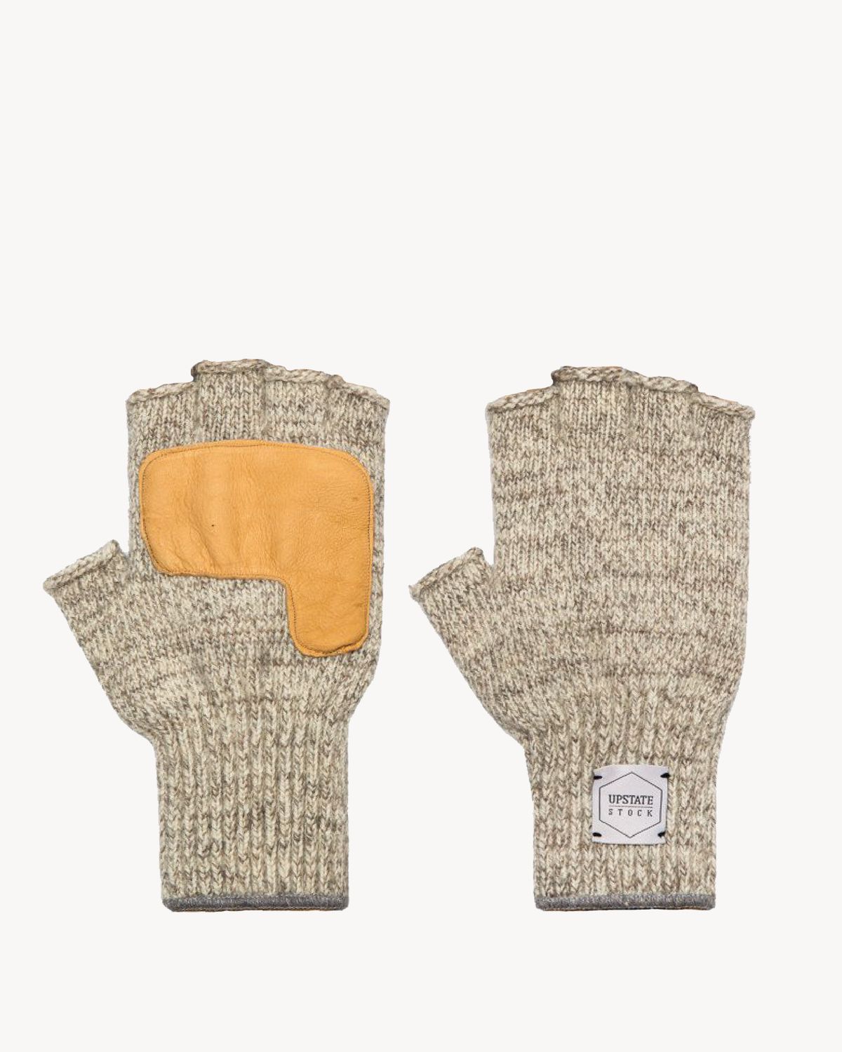 Oatmeal Melange Ragg Wool Fingerless Glove W/Natural Deerskin, Size: S/M