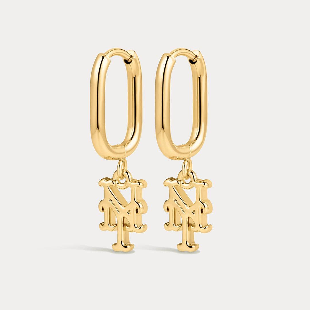 NY Mets Gold The Mlb Logo Charm Oval Hoop Earrings