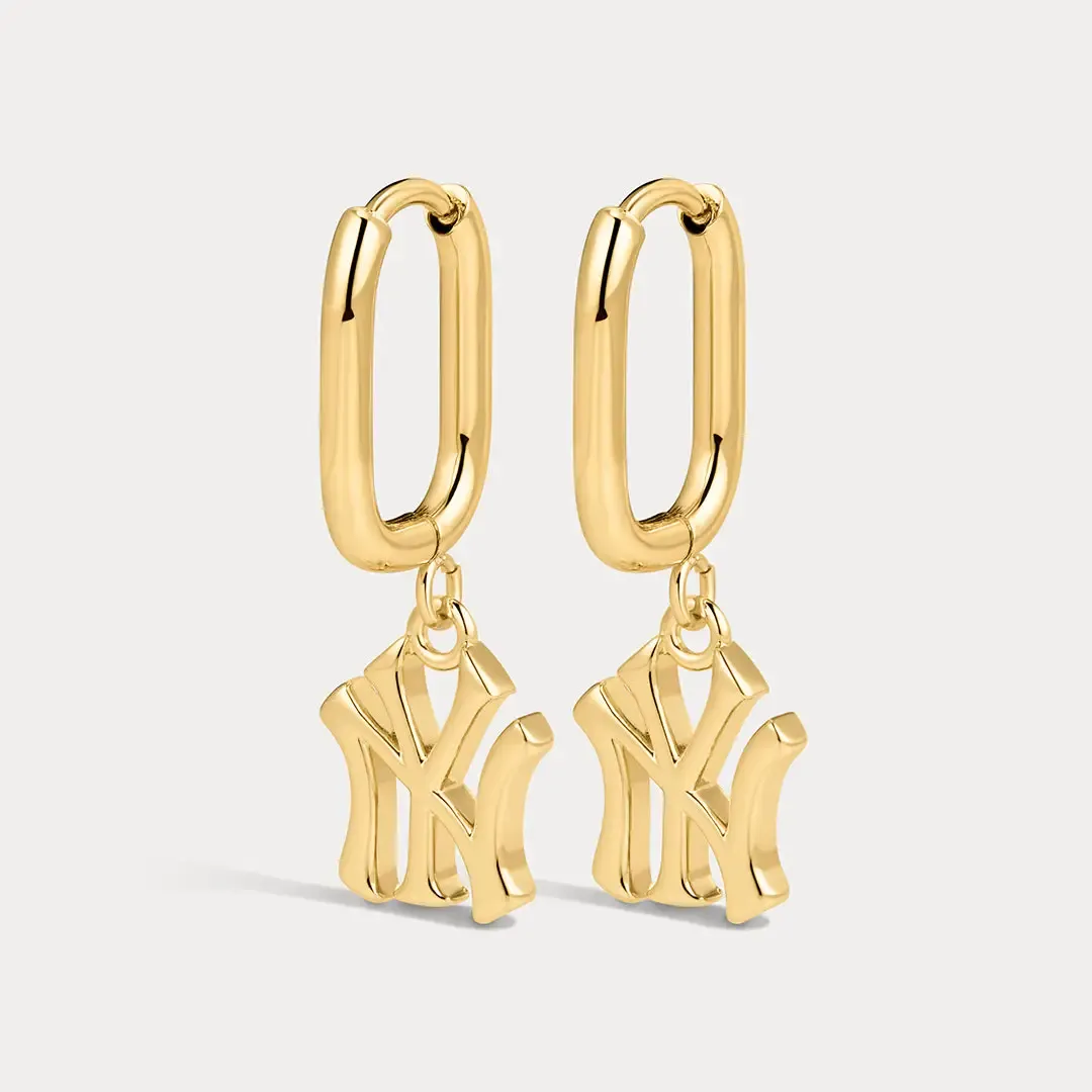 NY Yankees Gold The MLB Logo Charm Oval Hoop Earrings