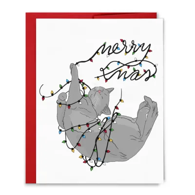 Merry Christmas Cat Wrapped in Christmas Lights Holiday Card