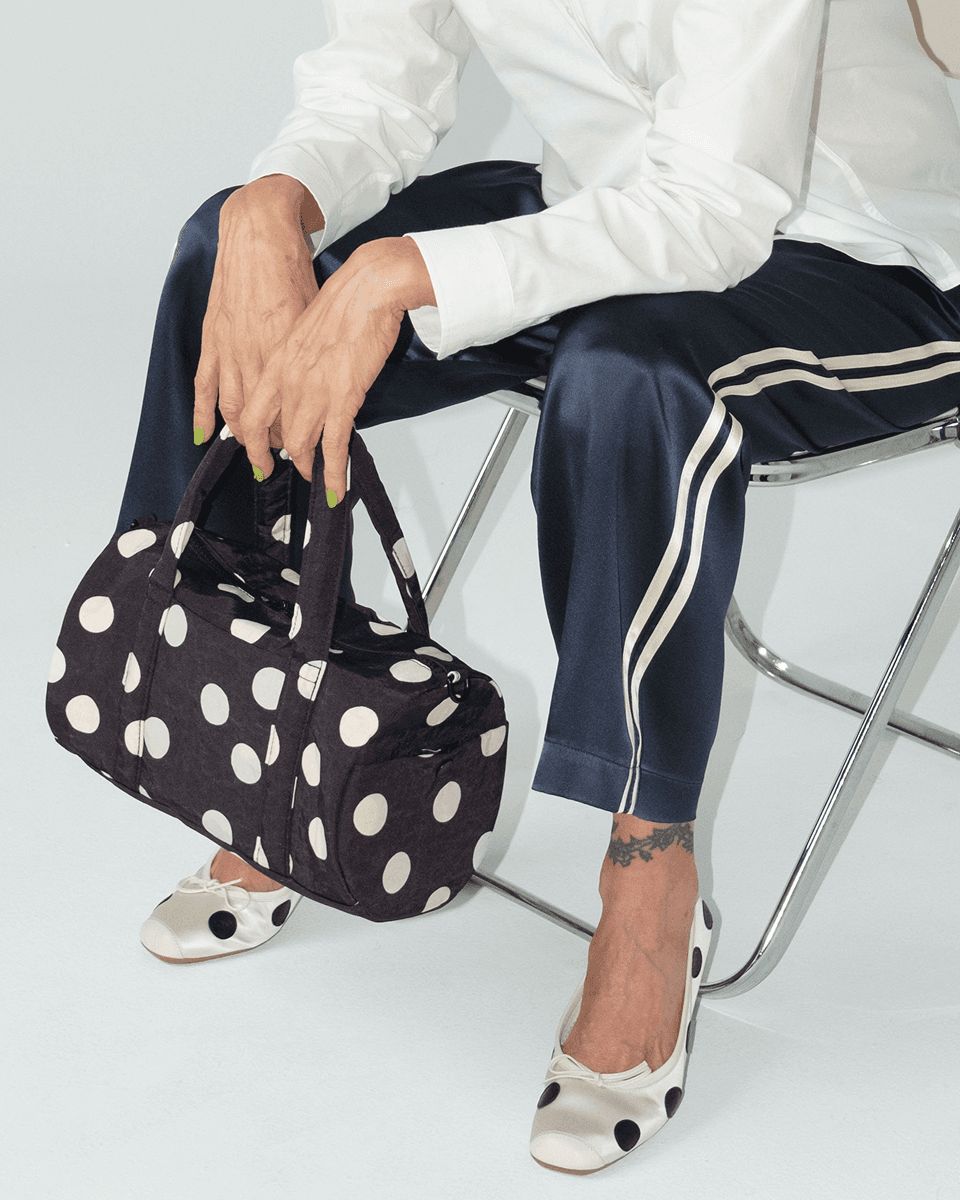 Nylon Duffle Bag Black &amp; Cream Polka Dot