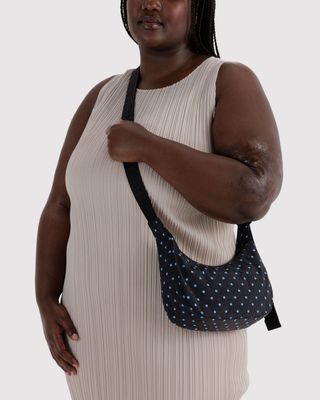 Small Nylon Crescent Bag Black &amp; Sky Blue Micro Dot