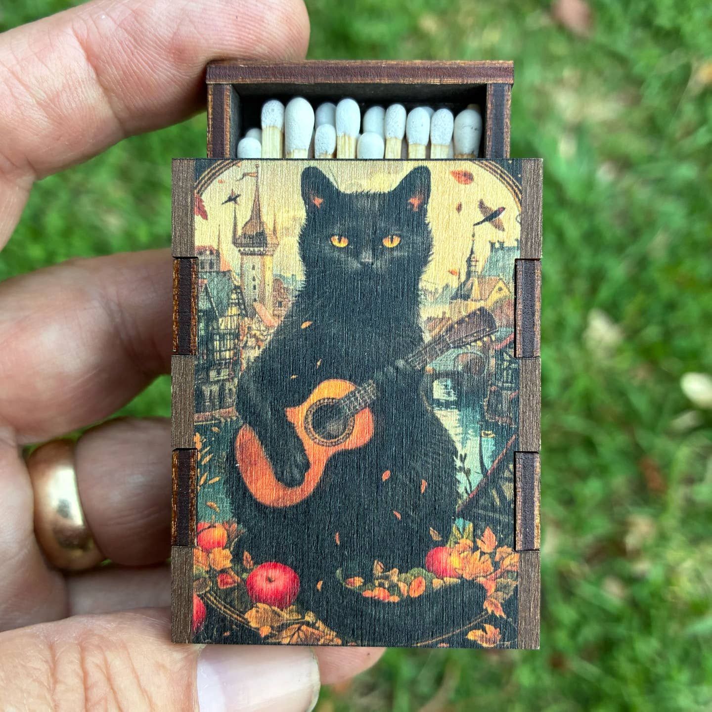 Black Cat with Guitar Wooden Matchbox
