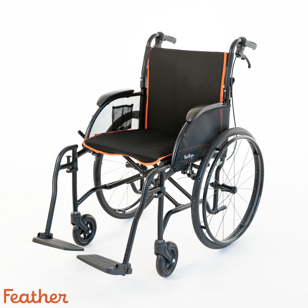 Feather 18&quot; Manual Wheelchair (Matte Black / Orange)  - Anti-tippers - Pop off wheels