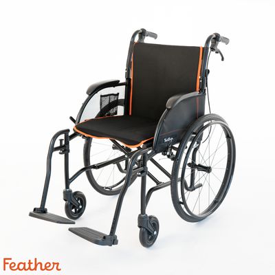 Feather 18&quot; Manual Wheelchair (Matte Black / Orange)  - Anti-tippers - Pop off wheels