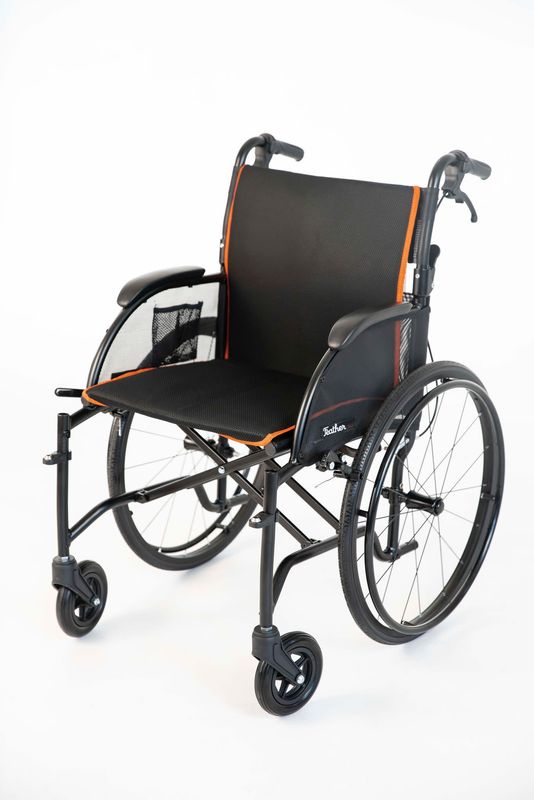 Feather 18" Manual Wheelchair (Matte Black / Orange)  - Anti-tippers - Pop off wheels