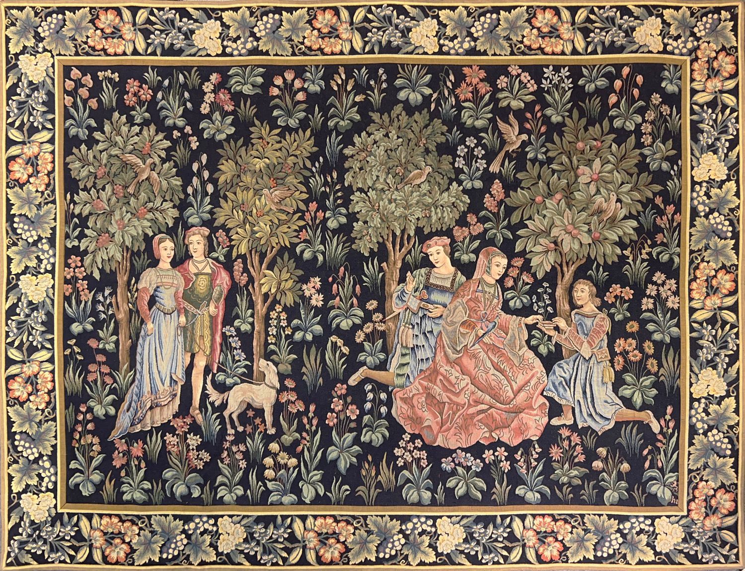 Ancienne Tapisserie Encadrée Style Jacquard Aubusson - Motif Floral - 13 X 13 Pouces