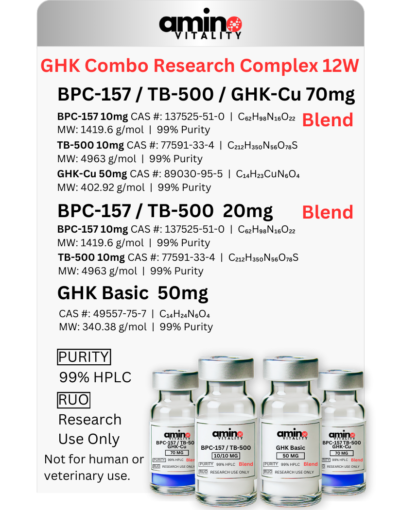 GHK Combo Research Complex 12W 210 MG - (2) BPC-157 / TB-500 / GHK-Cu 70MG Blend &amp; (1) BPC-157 / TB-500 20MG Blend &amp; (1) GHK Basic 50 MG - 210 MG Total
