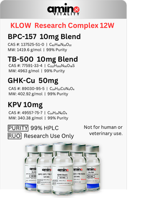 KLOW Research Complex 12W 230 mg - (2) BPC-157 / TB-500 / GHK-Cu / KPV 80 mg Blend & (1) BPC-157 / TB-500 20 mg Blend & (1) GHK Basic 50 mg - 230 mg Total