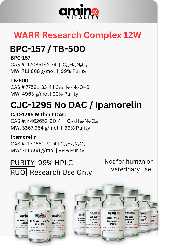 WARR Research Complex 12W 120 MG TOTAL: (3) BPC-157 / TB-500 20 MG Blend and (6) CJC-1295 / Ipamorelin 10 MG Blend - 120 MG Total