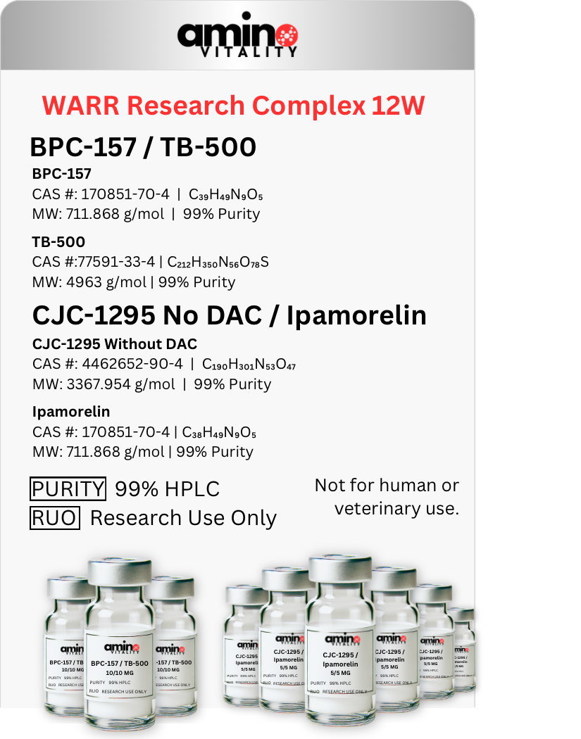 WARR Research Complex 12W 120 MG TOTAL: (3) BPC-157 / TB-500 20 MG Blend and (6) CJC-1295 / Ipamorelin 10 MG Blend - 120 MG Total