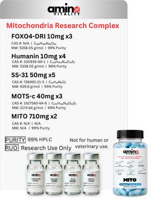Mitochondria Research Complex - 3× FOXO4-DRI (10 mg), 4× Humanin (10 mg), 5× SS-31 (50 mg), 3× MOTS-c (40 mg), 2× MITO 710 mg capsules