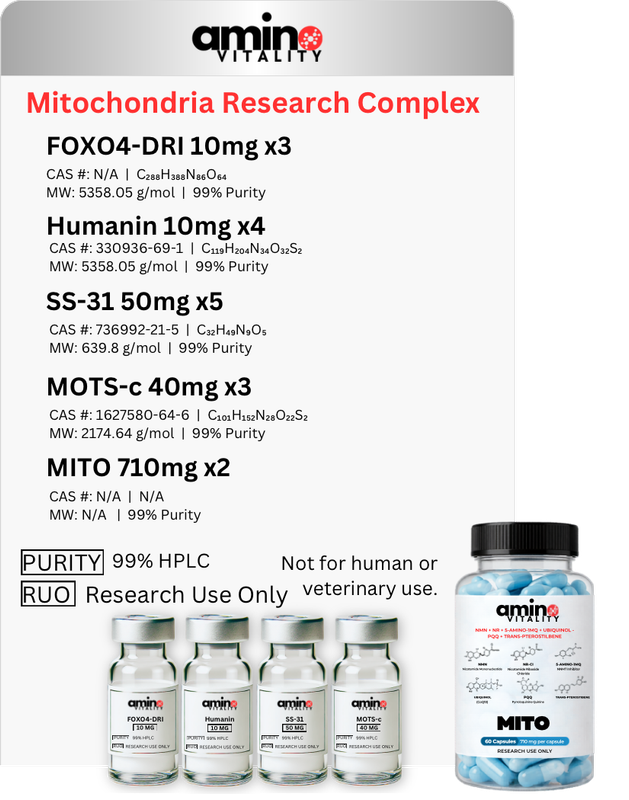 Mitochondria Research Complex - 3× FOXO4-DRI (10 mg), 4× Humanin (10 mg), 5× SS-31 (50 mg), 3× MOTS-c (40 mg), 2× MITO 710 mg capsules