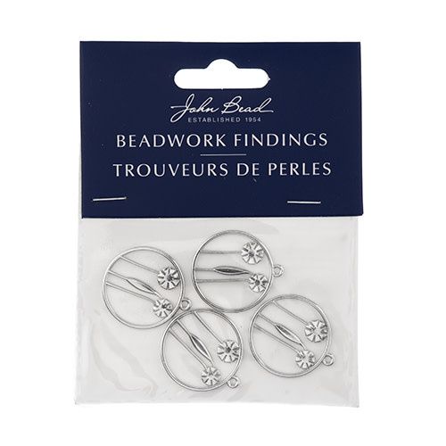 Beadwork Findings Silver Pendant Circle with Flowers 22x25mm 4pcs
