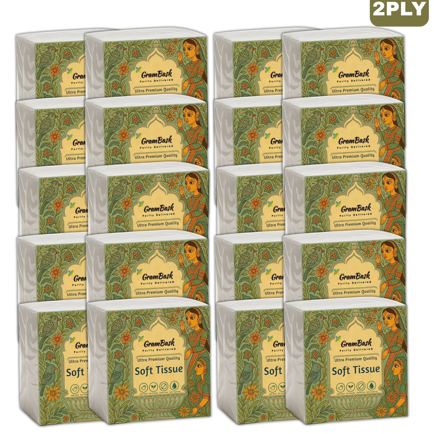 GRAMBASK - PURITY DELIVERED Soft 2 Ply Tissue Paper - 1600 Sheets | Pack of 20 x 80 Sheets