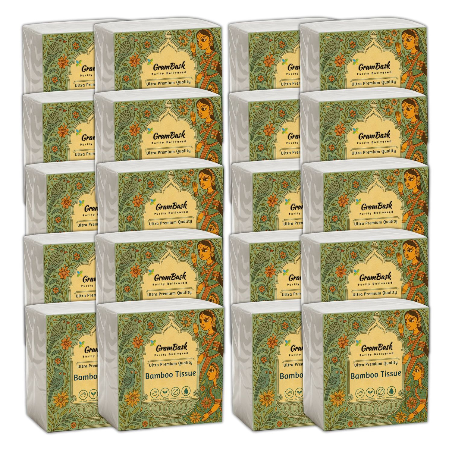 GRAMBASK - PURITY DELIVERED Bamboo Tissue Paper - 1600 Sheets | Pack of 20 x 80 Sheets