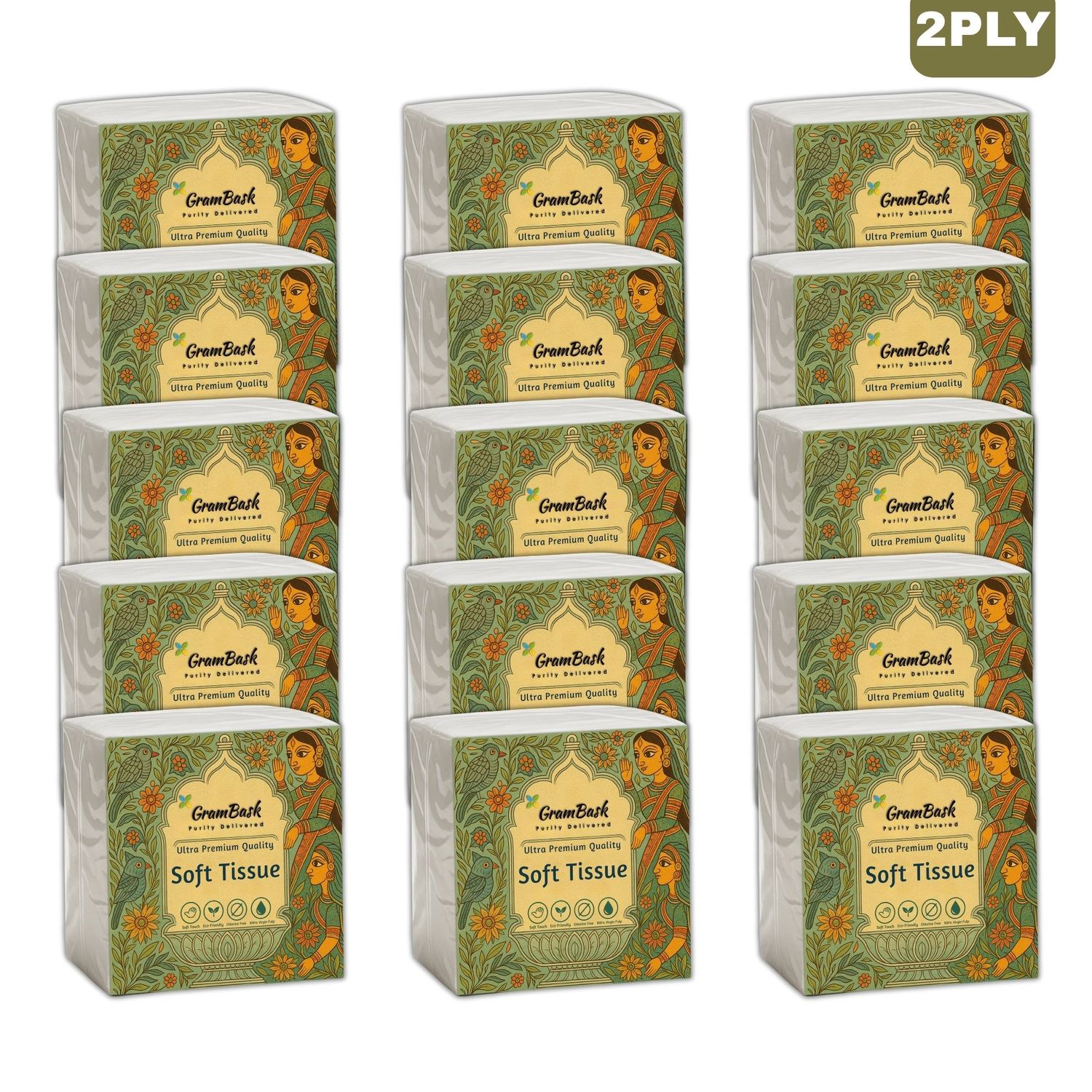 GRAMBASK - PURITY DELIVERED Soft 2 Ply Tissue Paper - 1200 Sheets | Pack of 15 x 80 Sheets