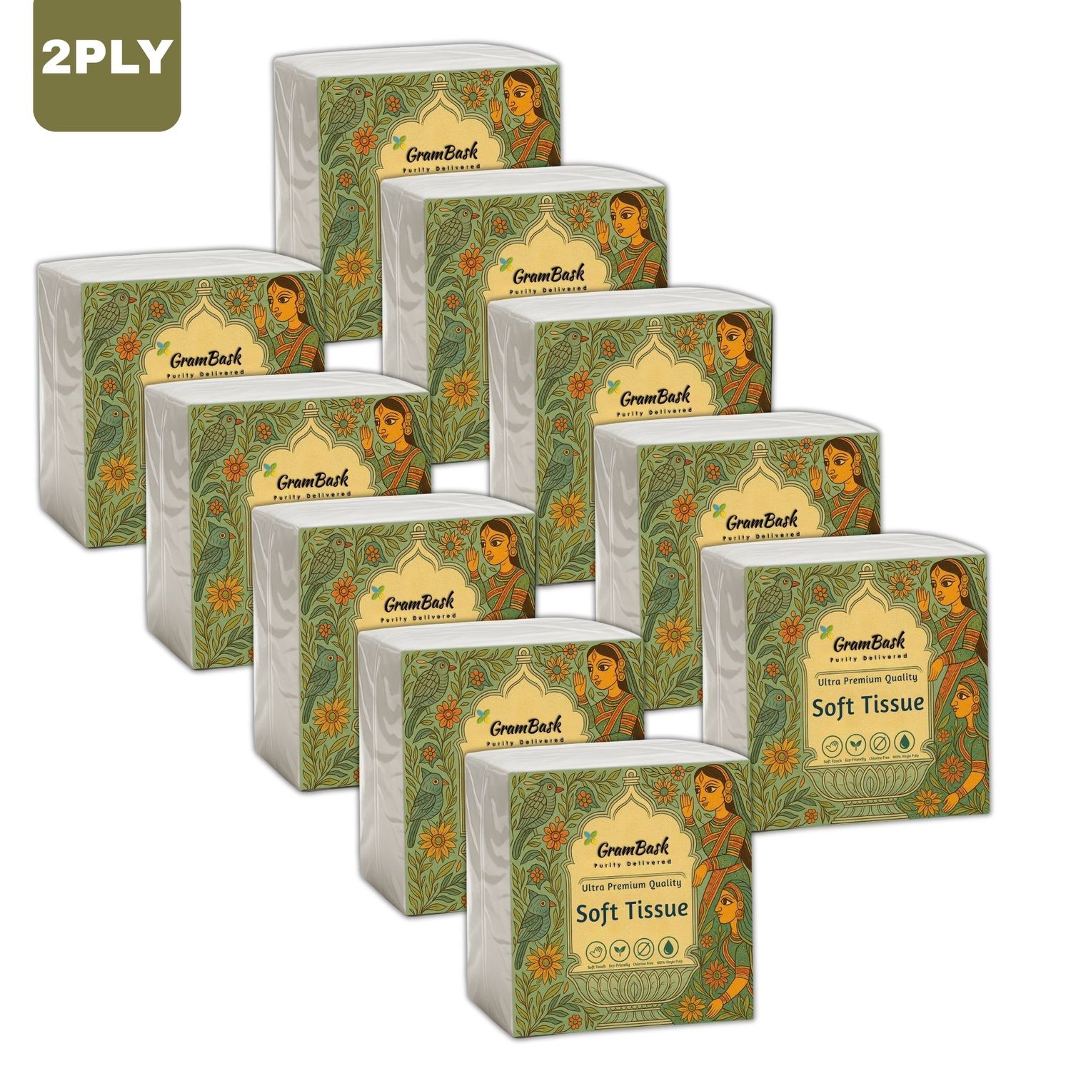 GRAMBASK - PURITY DELIVERED Soft 2 Ply Tissue Paper - 800 Sheets | Pack of 10 x 80 Sheets