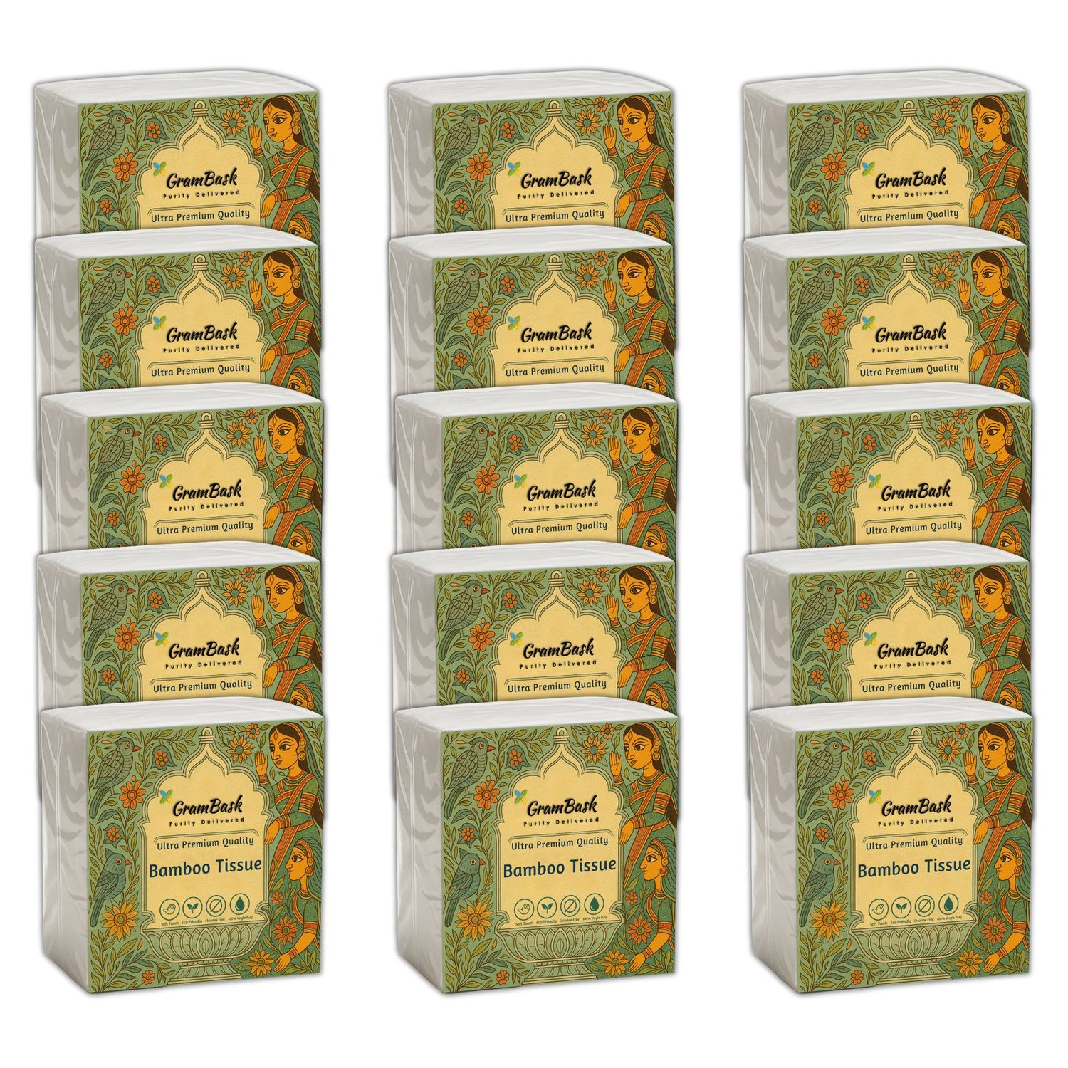 GRAMBASK - PURITY DELIVERED Bamboo Tissue Paper - 1200 Sheets | Pack of 15 x 80 Sheets