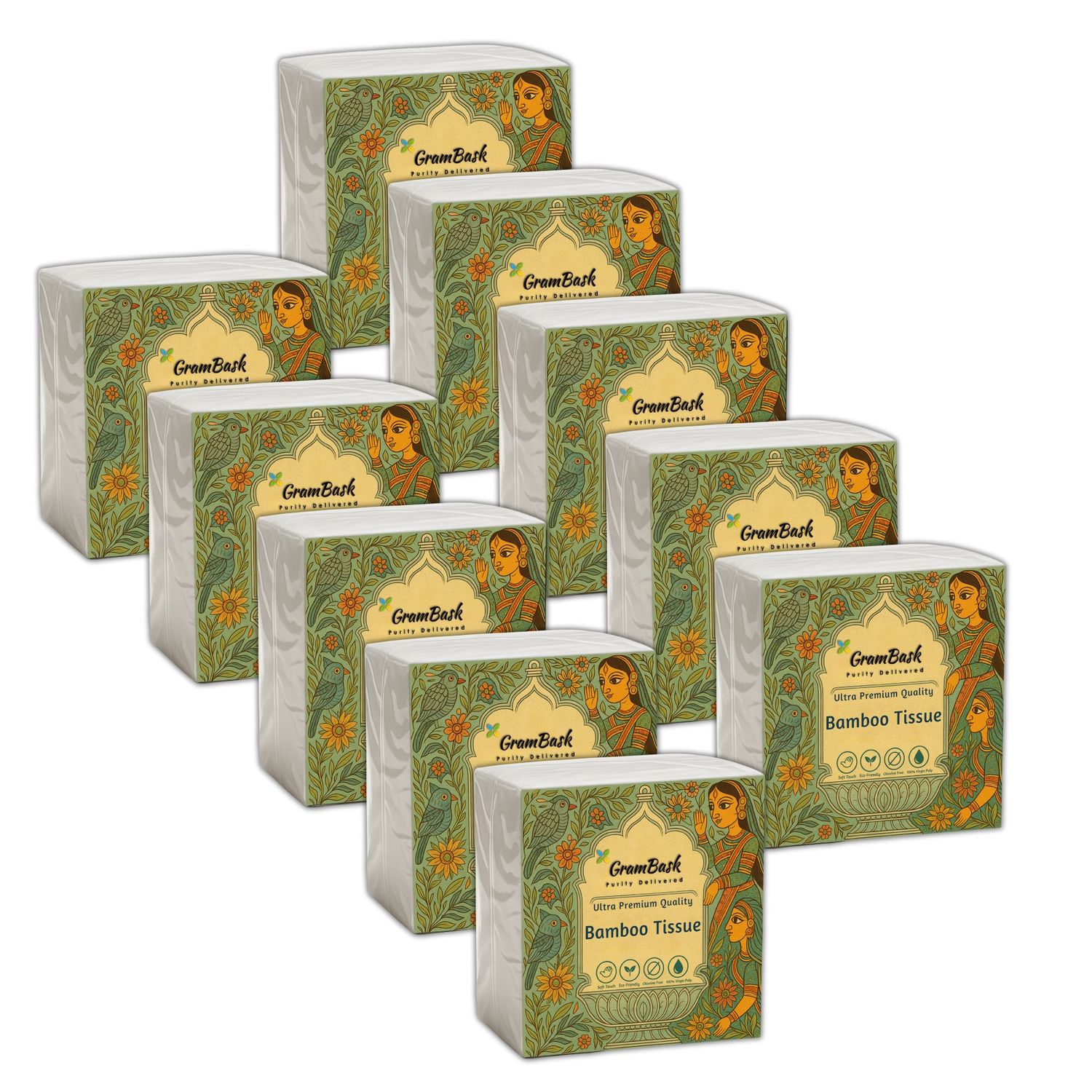 GRAMBASK - PURITY DELIVERED Bamboo Tissue Paper - 800 Sheets | Pack of 10 x 80 Sheets